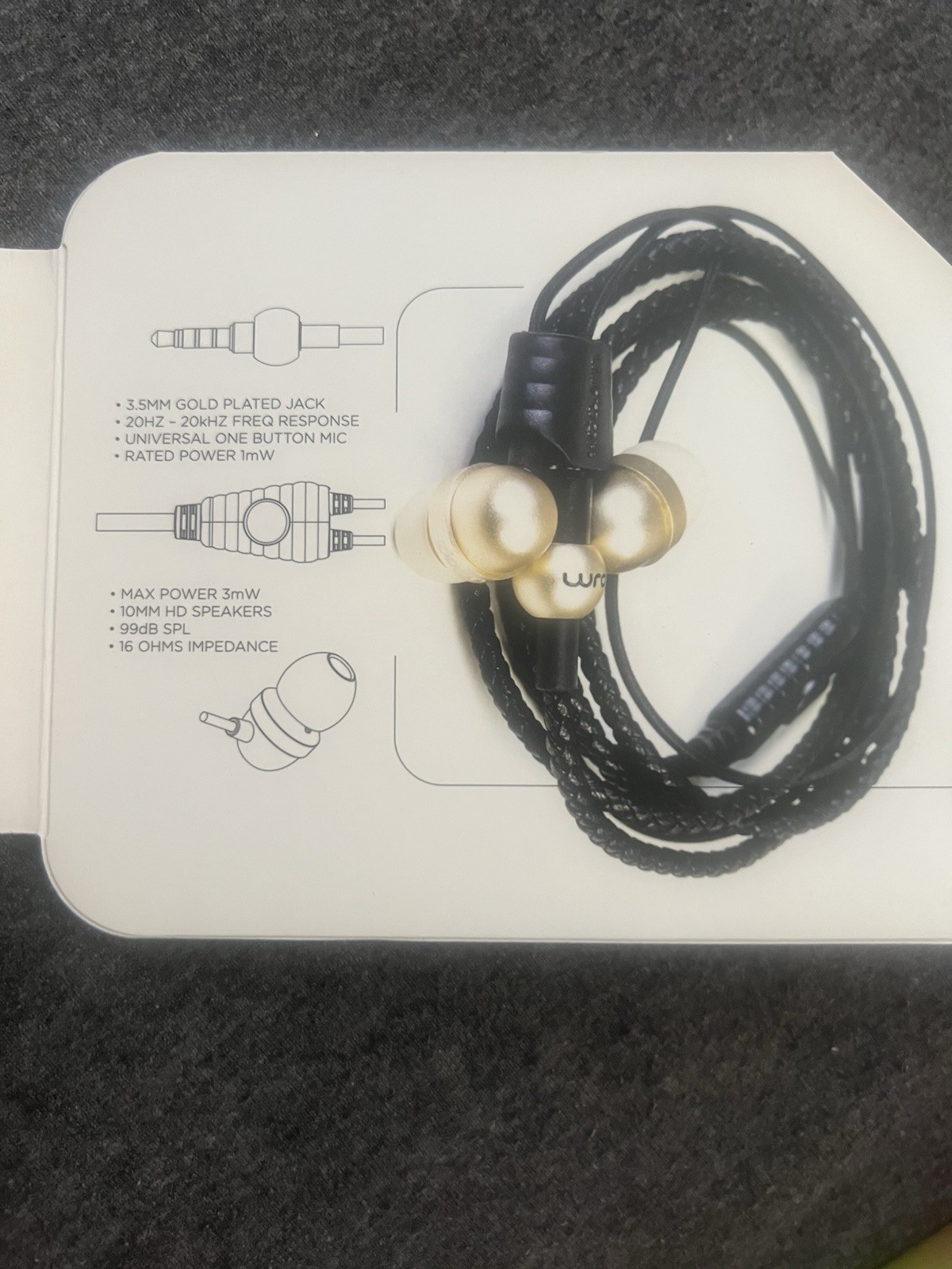 WRAPS Wristband Headphones GOLD Earbuds/Titanium Speakers/Braided Cable/16 Ohms