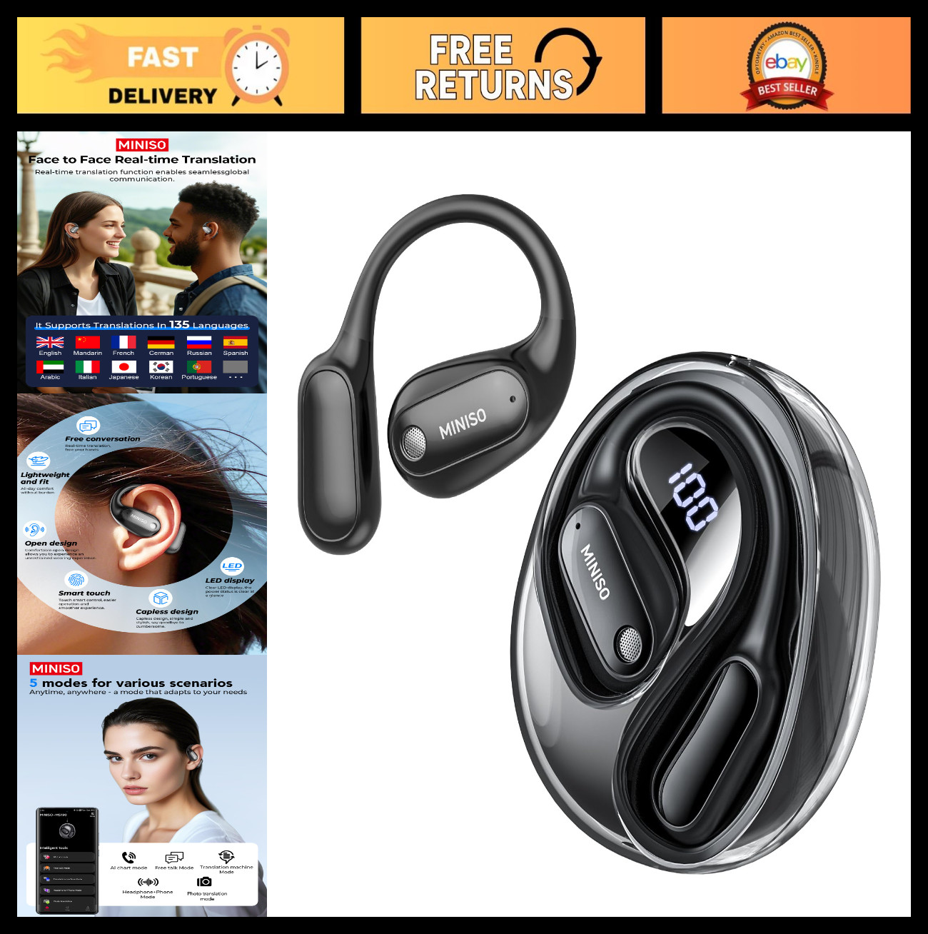AI Language Translator Earbuds – Real-Time Translation, 135 Languages, Bluetooth