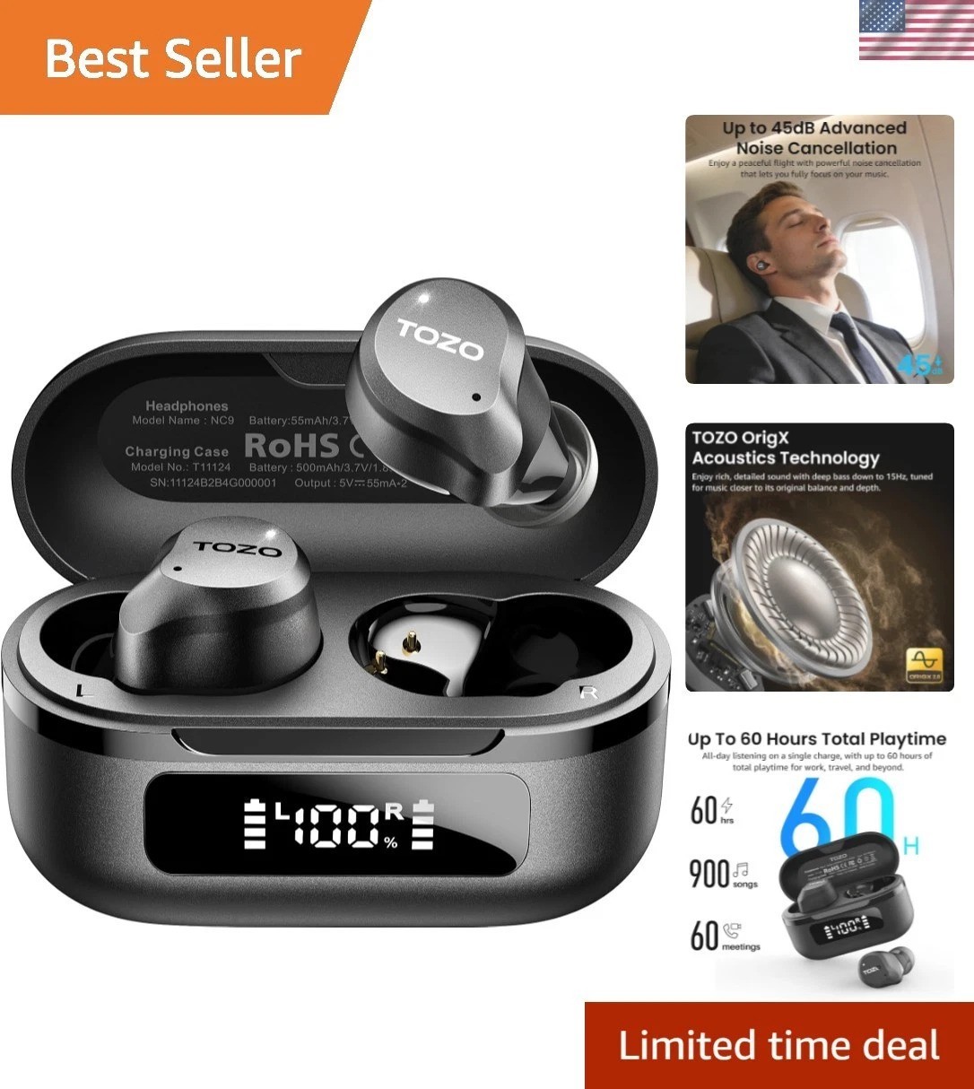 NC9 Hybrid Active Noise Cancelling Wireless Earbuds, 6 Mics ENC Clear Call, W…