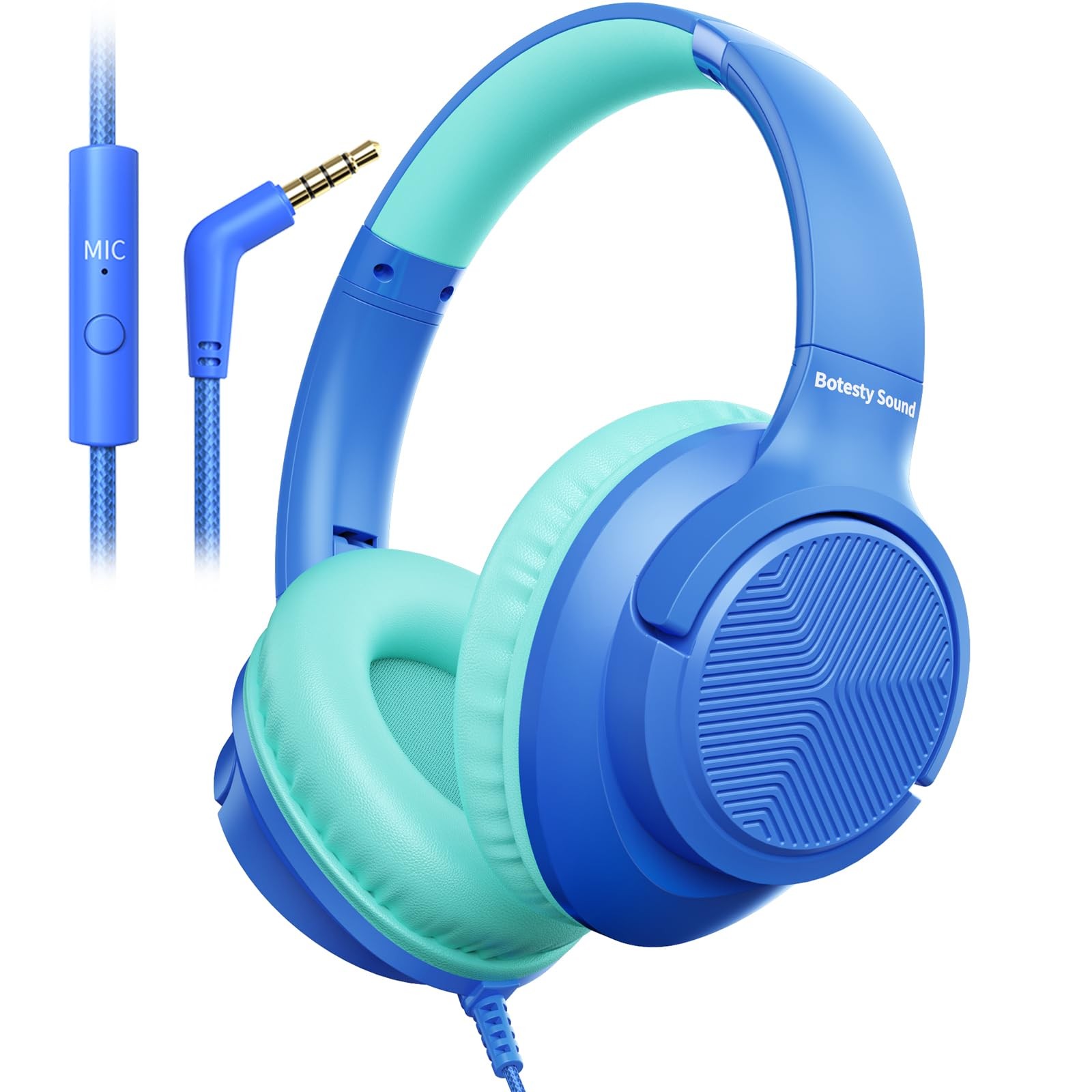 Wired Headphones Over Ear Microphone 3.5mm Jack 4.9ft Nylon Cord Blue