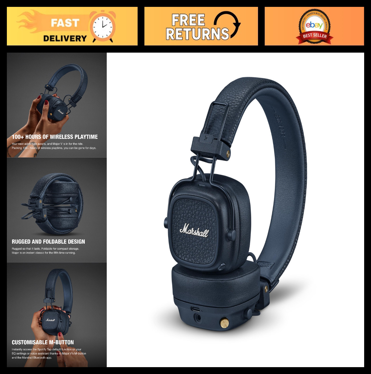 Wireless Bluetooth On-Ear Headphones – 100+ Hr Playtime, Mic, Foldable Design, M