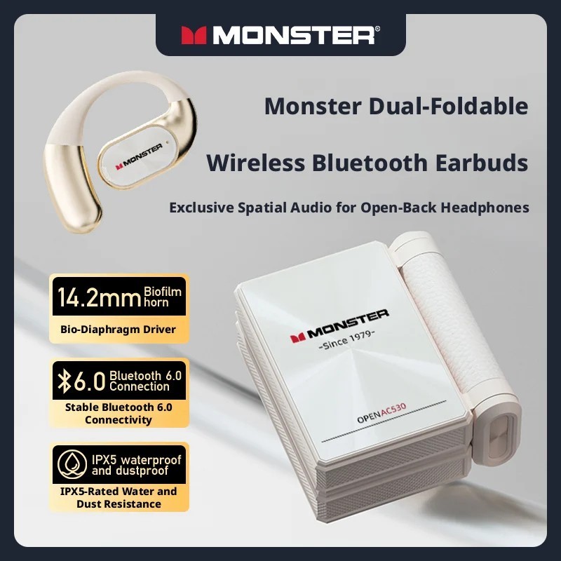 Monster AC530 Wireless Earbuds Open Bi-Folding Bluetooth 5.3 Sport HiFi Headset
