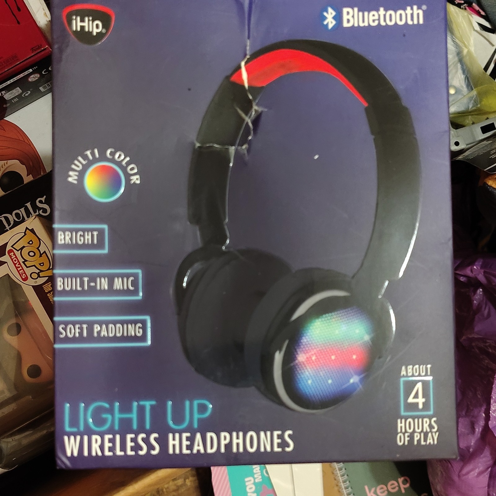 iHip Light Up Wireless Headphones Bluetooth LED Built-In Mic Black w/3.5mm