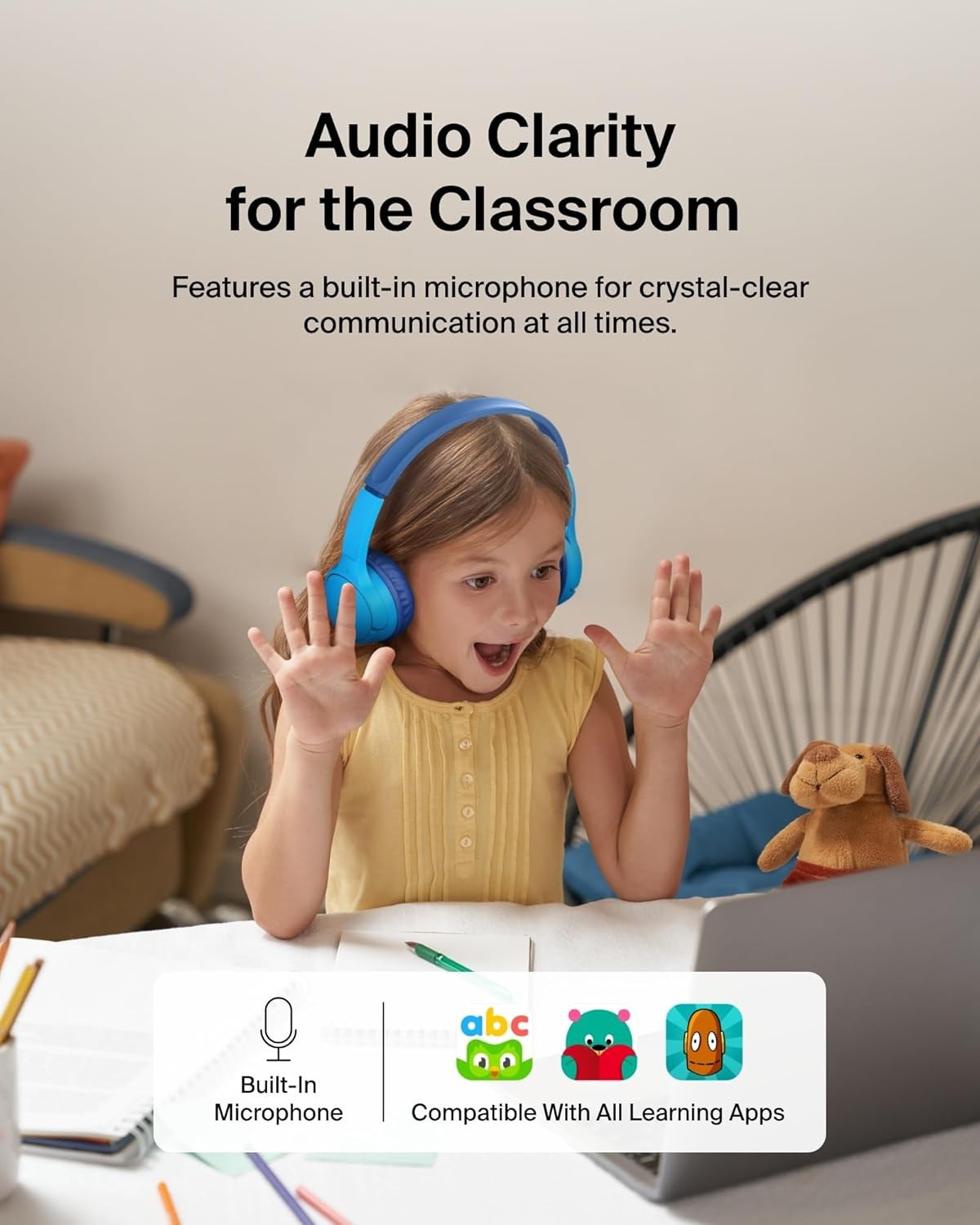 Belkin Wireless Kids Headphones, Volume Limited, 30H Fast Charge, School, Blue