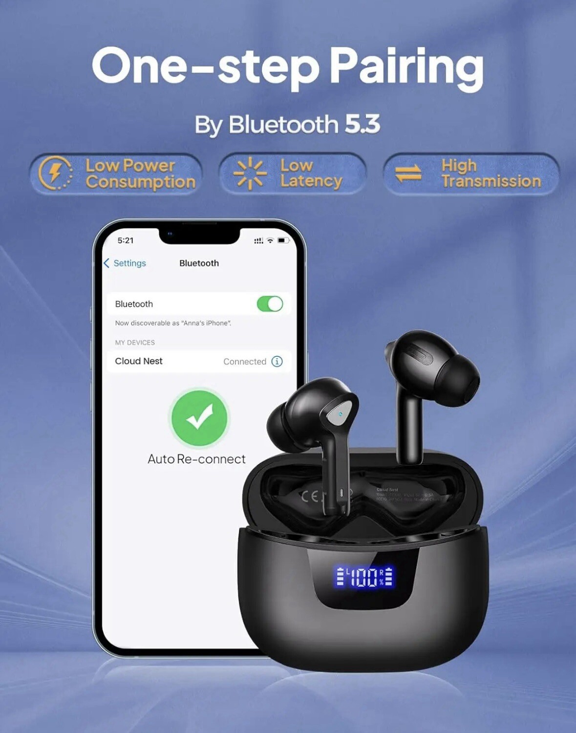 Wireless Earbuds Bluetooth Headphones With LED Power Display Charging Case