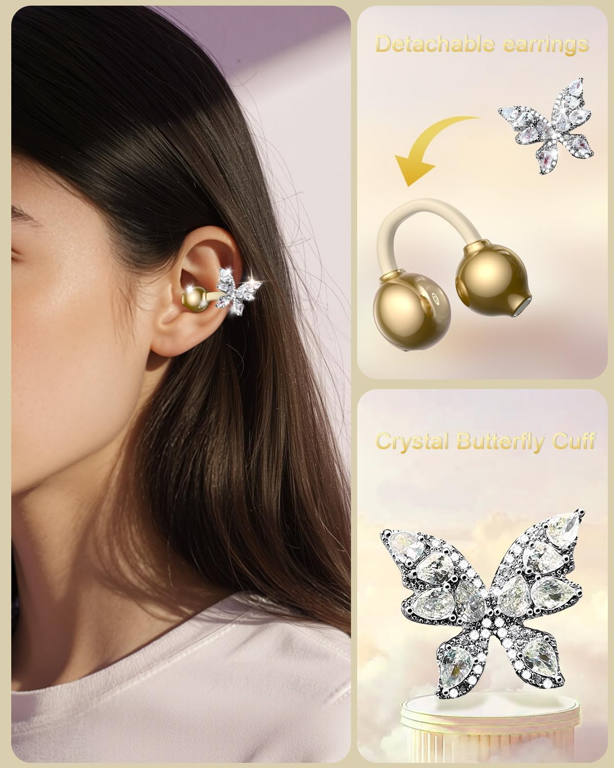 Alfu Bluetooth Wireless Open Ear Earbuds: Jewelry Clip on Headphones with Butter