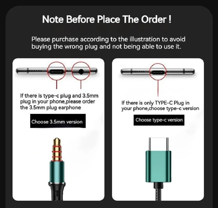 USB C & 3.5mm Wired Earphones HiFi Bass Headphones with Mic Volume Control