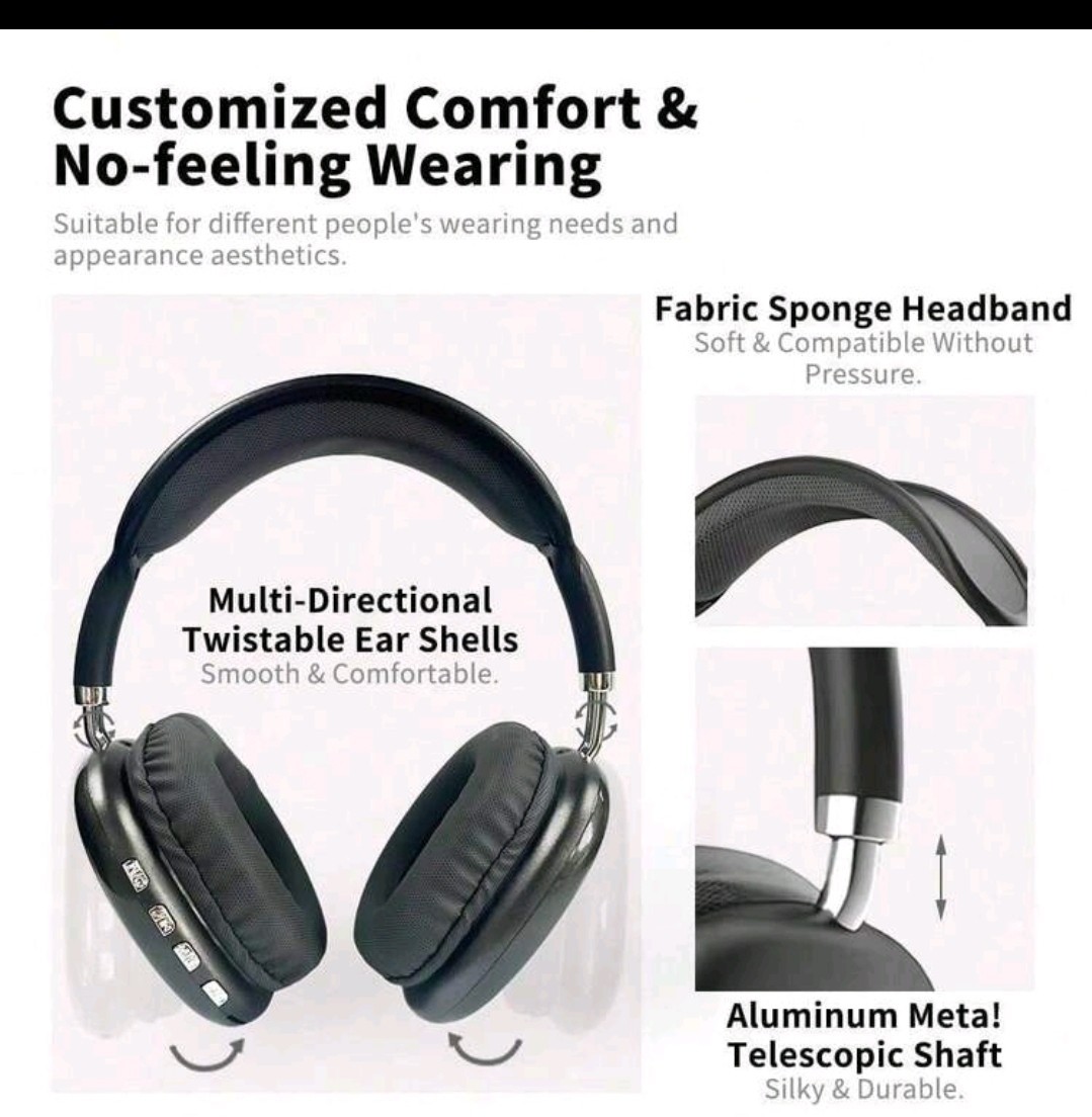 P9 Pro max Wireless Bluetooth Over-Ear Headphones w/ Mic Black 3.5mm