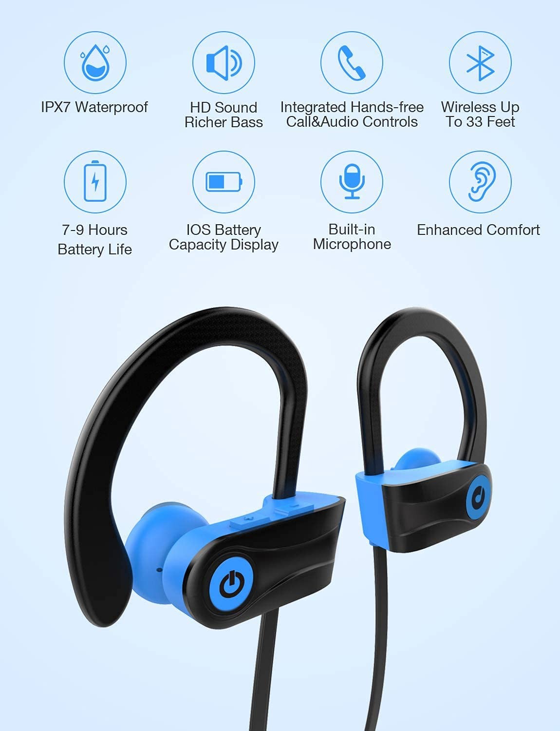 Bluetooth Headphones, Otium Wireless Sports Earbuds, Waterproof Blue, Blue
