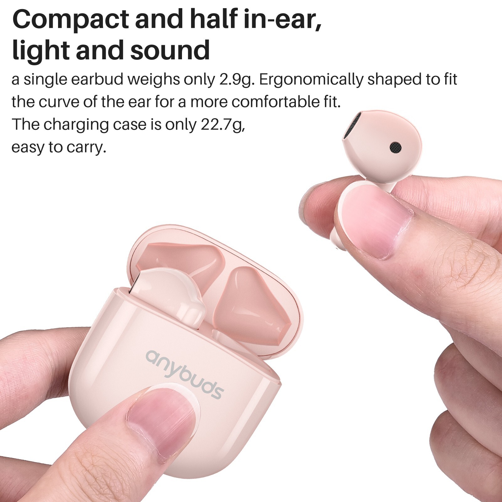 Anybuds Wireless Earbuds Half-in-ear ENC Call Noise Cancellation Earphones, Pink