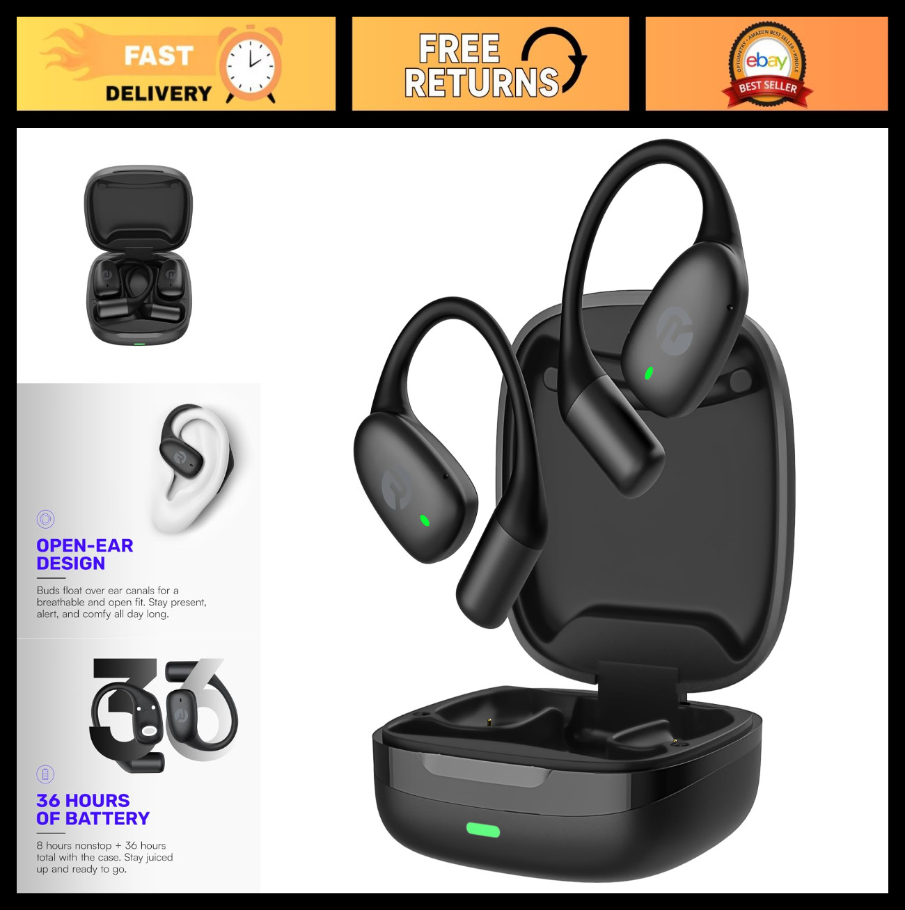 Open Ear Wireless Bluetooth Earbuds – Sweat & Water-Resistant, 36H Battery Life,
