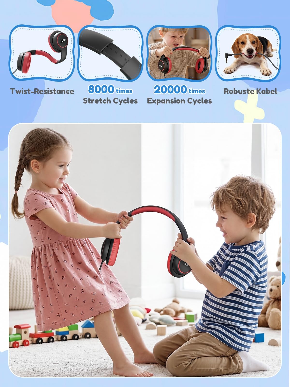 acer Kids Headphones Wired for School – Over Ear Design, 85/94dB Black Red