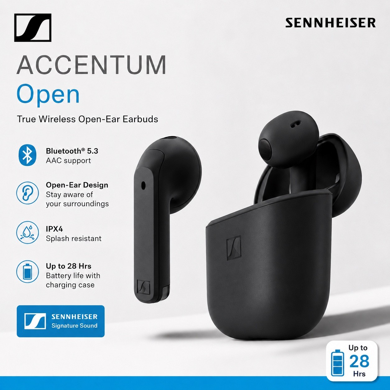 Sennheiser ACCENTUM Open Wireless Blutooth Earbud- Cream – Open Box. Black left