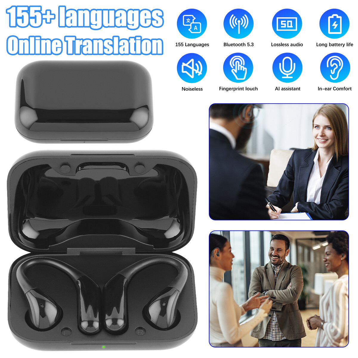 155 Language Translator Earbuds Wireless Bluetooth 5.3 Headphones Air Conduction