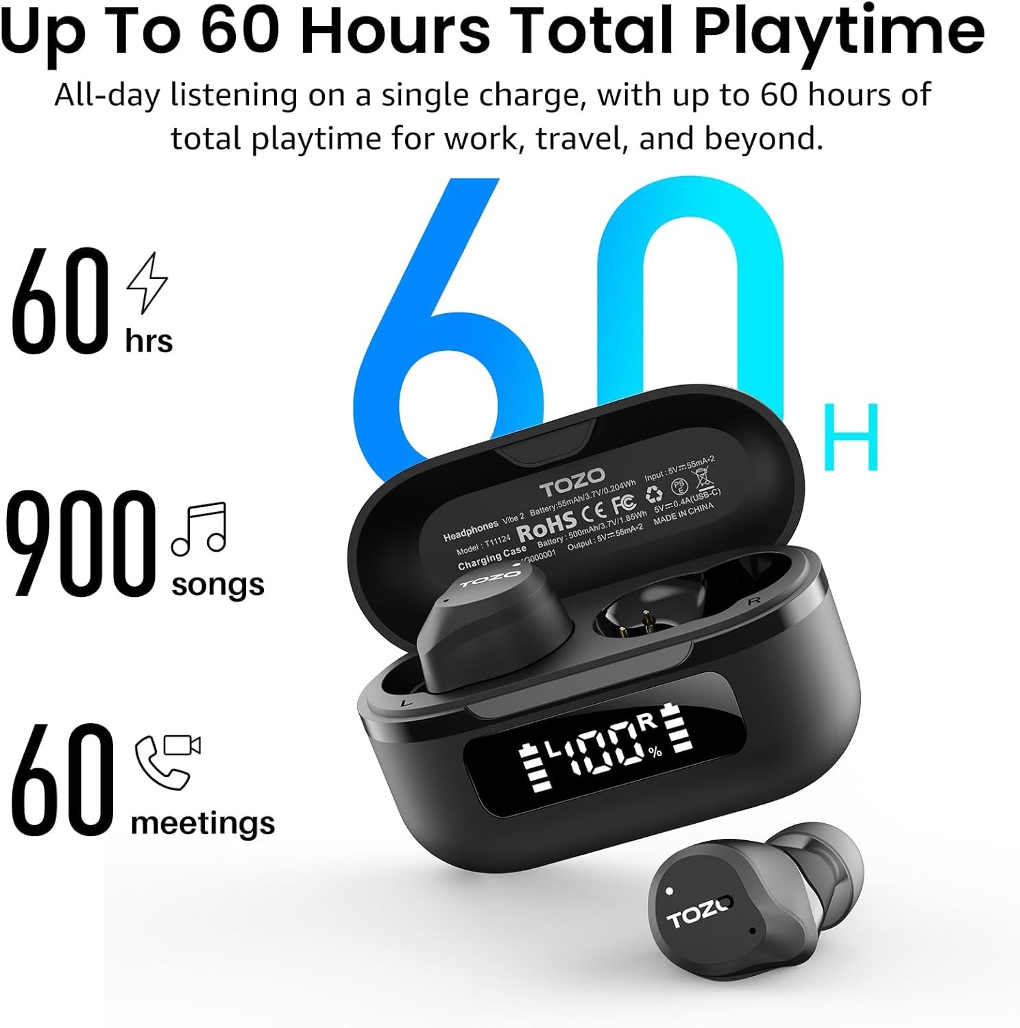 TOZO NC9 Hybrid ANC Wireless Earbuds, 6 Mics ENC Clear Call, Stereo Bass