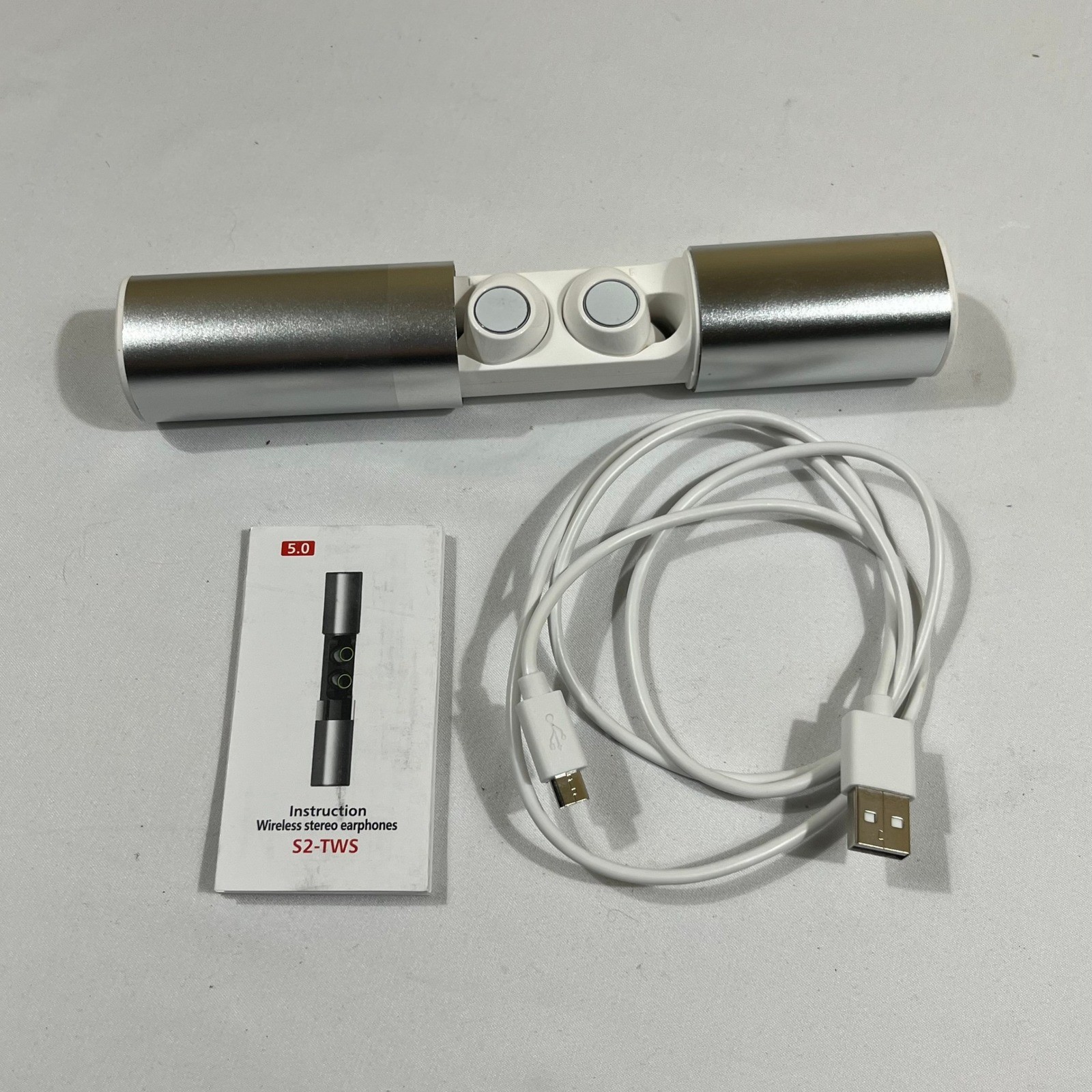 S2-TWS Wireless Earbuds Silver Bluetooth 5.0 Headphones with Power Bank Case