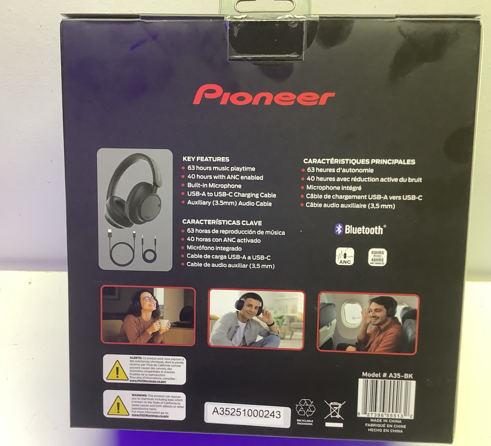 Pioneer A35-BK Bluetooth Headphones ANC USB-C Black Built-In Mic Over-Ear