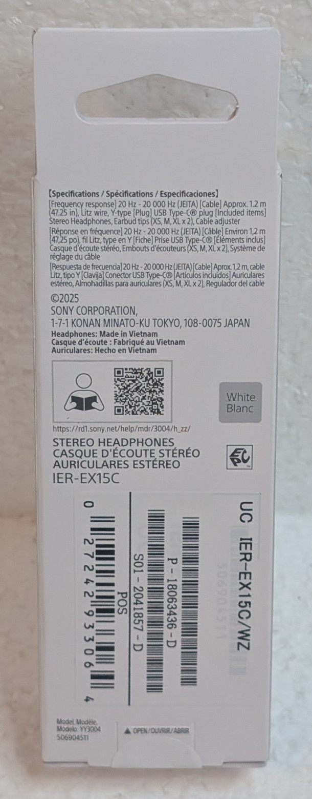 Sony IER-EX15C W Stereo Earbud Headphones Wired USB-C White New Sealed