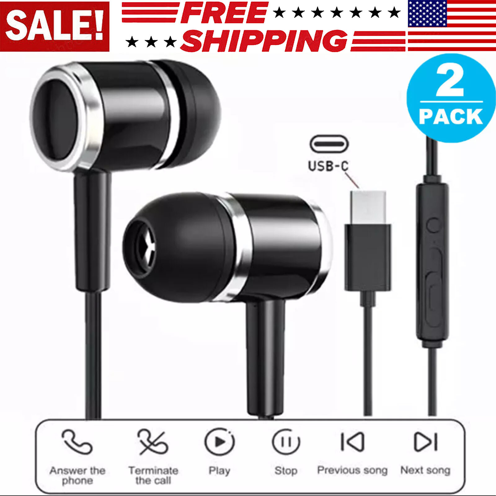 2X In-Ear Wired Earbuds Type C USB C Connector Earphones Headphones Bass Stereo