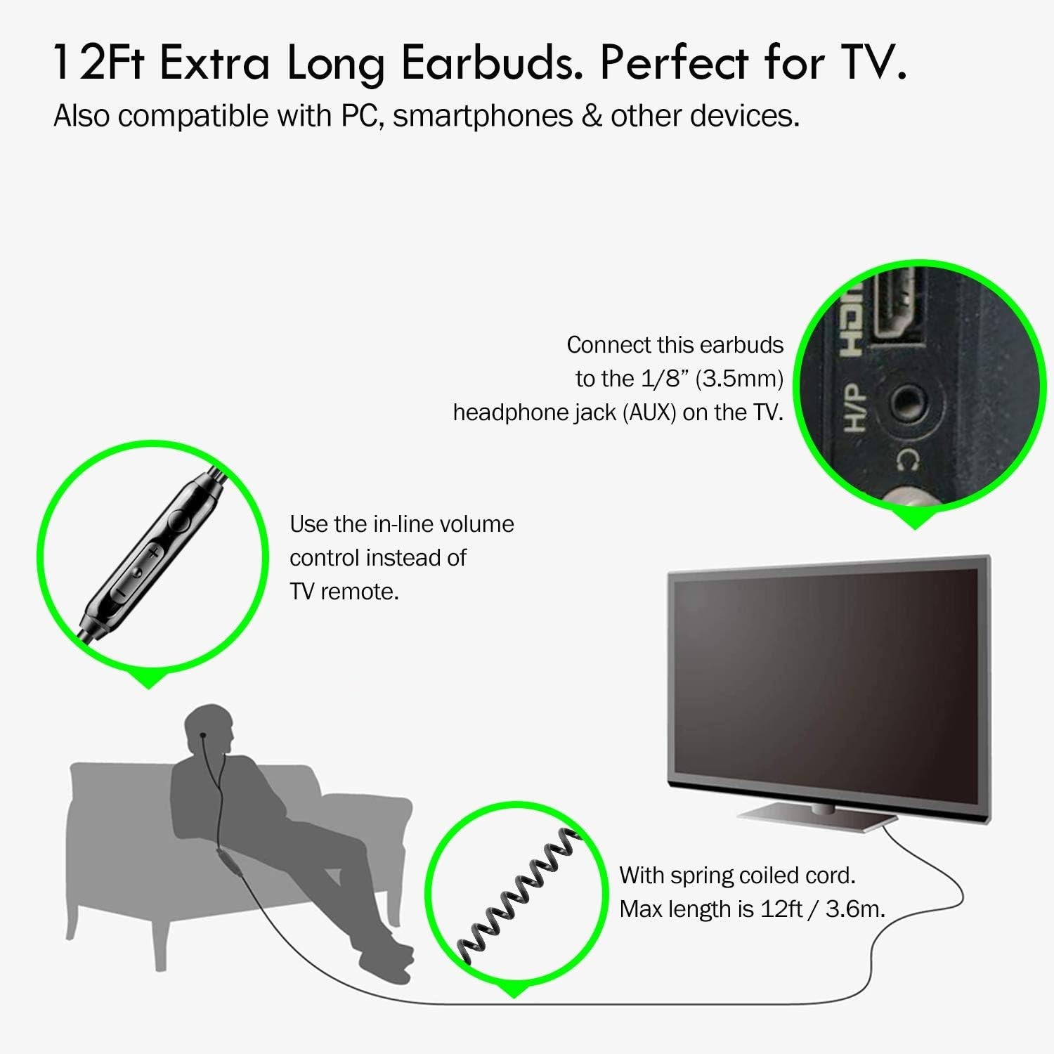Extra Long Earbuds for TV & PC, with 12FT Spring Coiled Extension Cable, Volu…