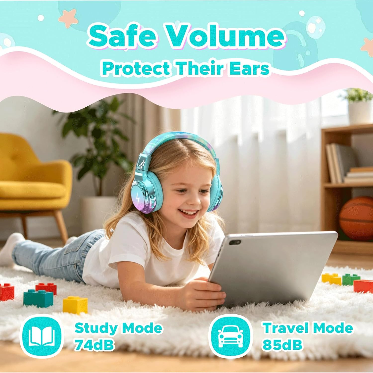 Kids Bluetooth Headphones, 74/85Db Volume Limited, 65H Playtime, Built-In Mic, F