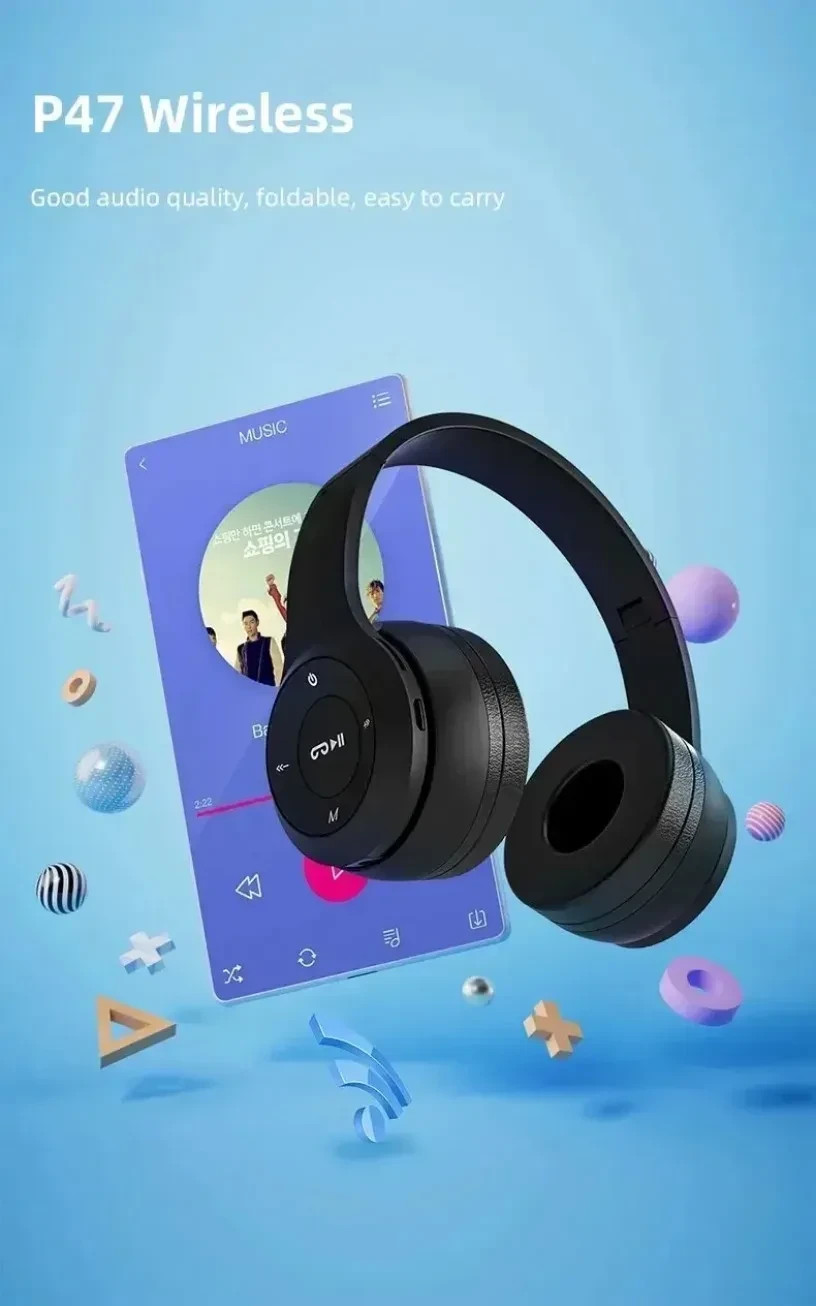 P47 Wireless Bluetooth 5.0 Headphones Over Ear Foldable FM Radio TF Card Mic