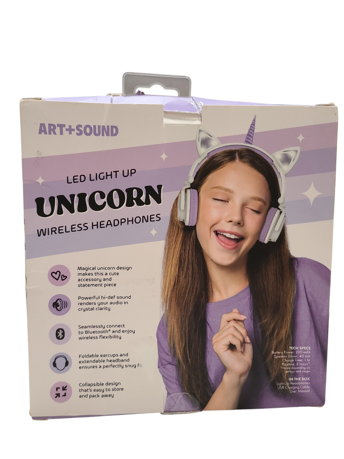 ART+SOUND LED Light Up Unicorn Bluetooth Wireless / Wired Headphones Adjustable