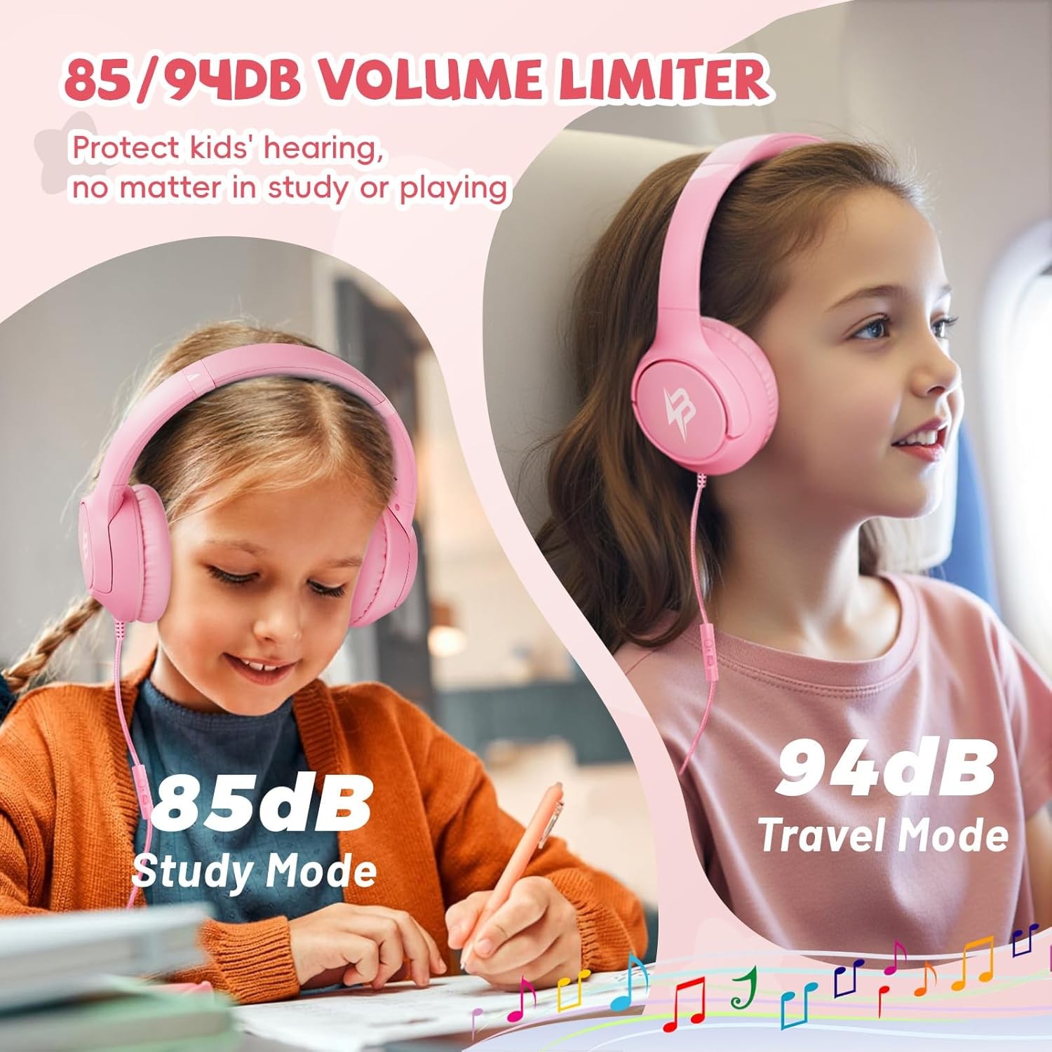 Wired Headphones for Kids for School, 3.5mm Cord Safe Volume Limit, Pink | Over