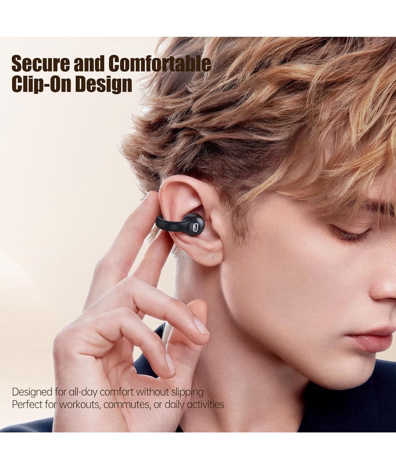 T18 Bluetooth Ear-Hook Clip-On Wireless Earbuds w/ LED Case, Mic, Touch, Black