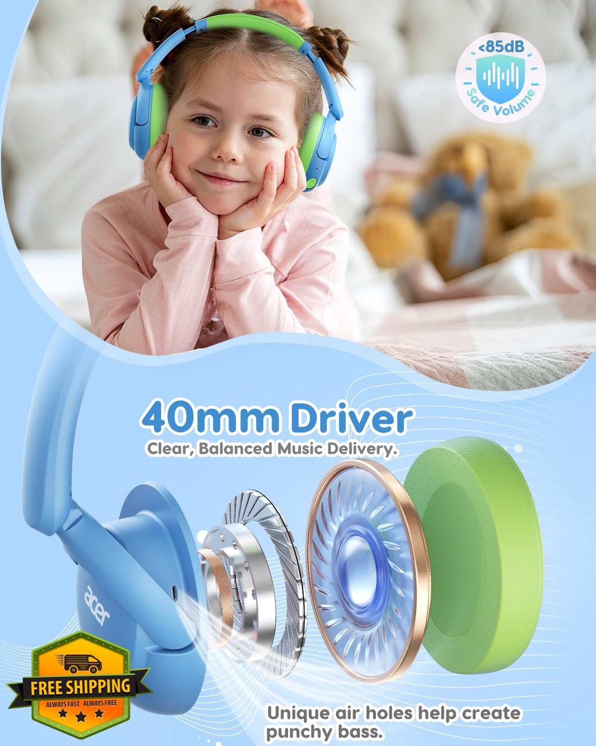 acer Kids Bluetooth Headphones Blue Green Foldable 85dB Mic