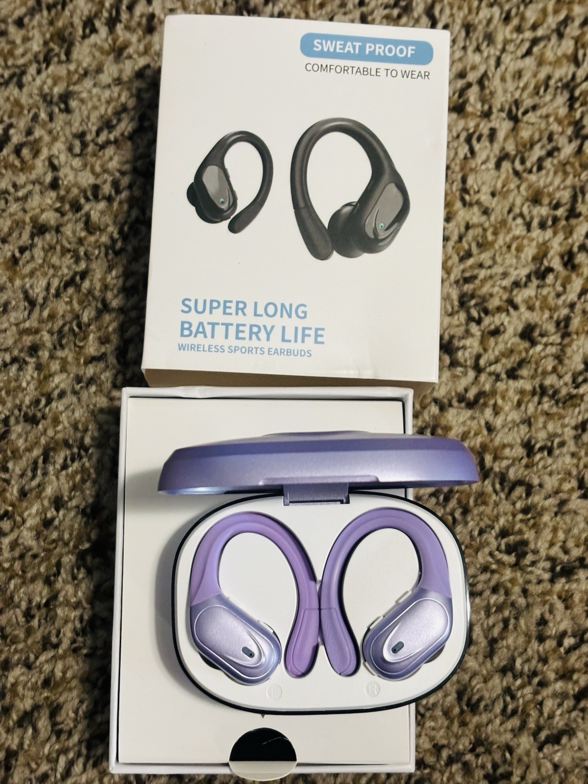 Purple Bluetooth Wireless Sports Ear-Hook Earbuds Sweat-Proof Built-In Mic