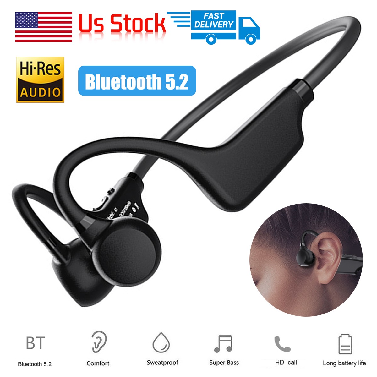 Wireless Bone Conduction Bluetooth-5.2 Outdoor Headphones Earbuds Sports Headset