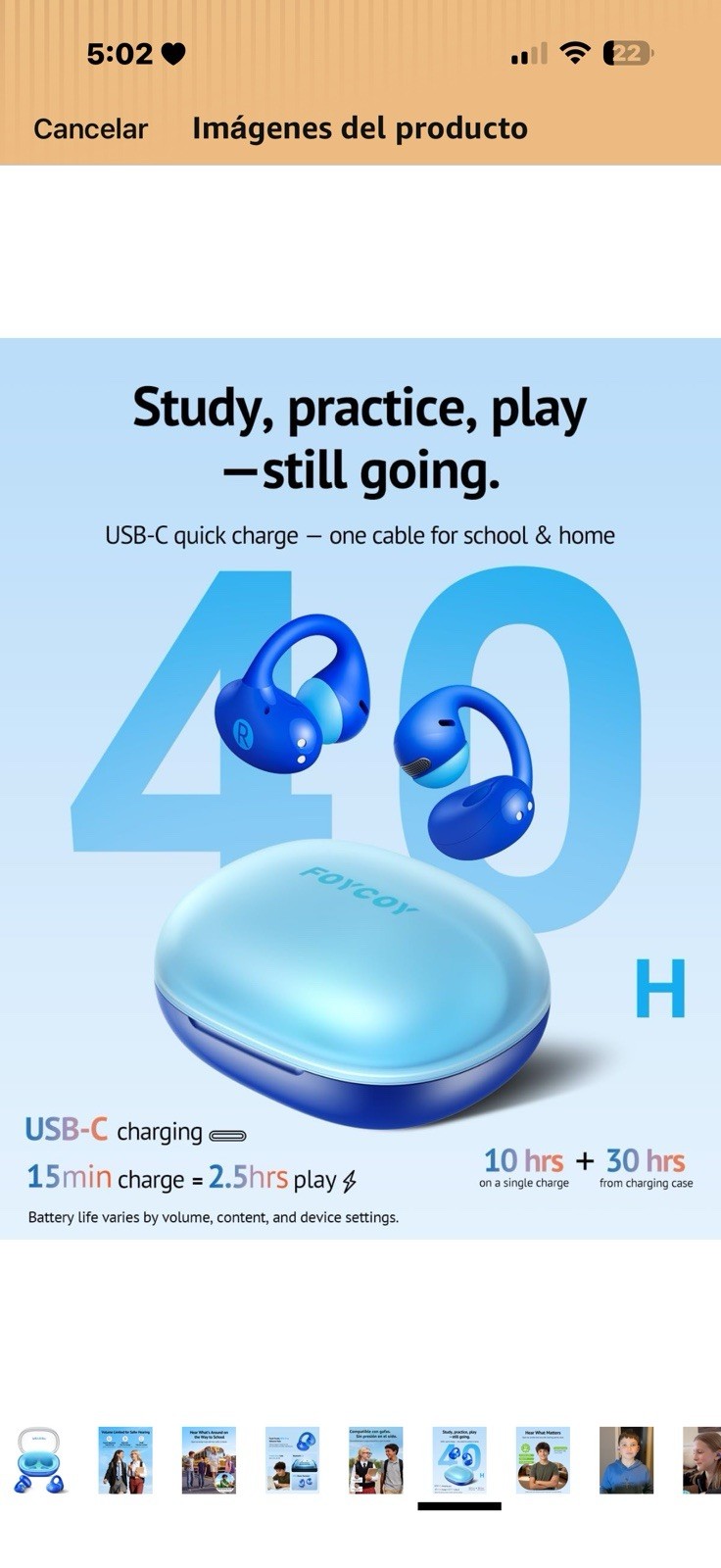 FOYCOY 1100 Series Bluetooth Open-Ear Clip-On Ear-Hook Headphones Blue 85dB
