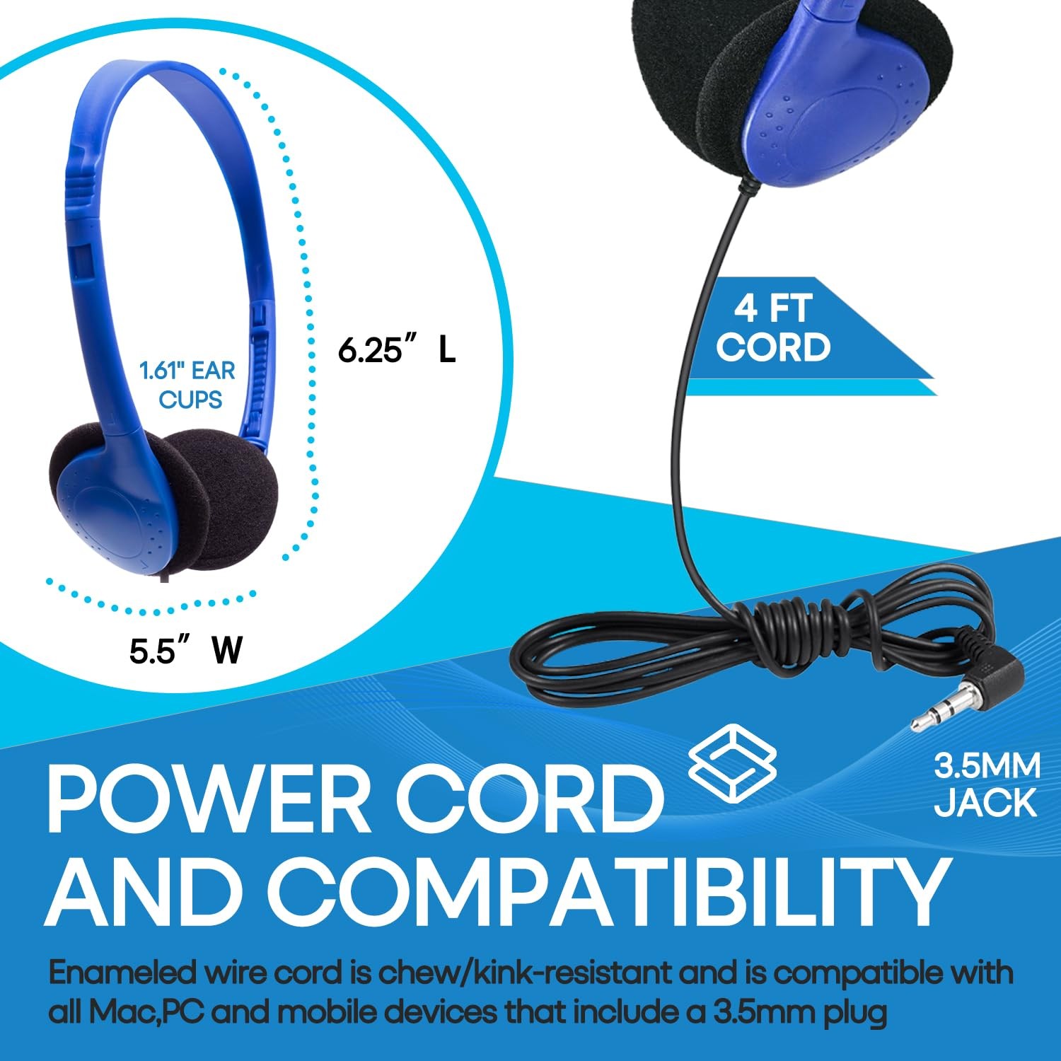 Classroom Headphones Bulk 12 Pack, School Students Kids Adult Wired 3.5mm Blue