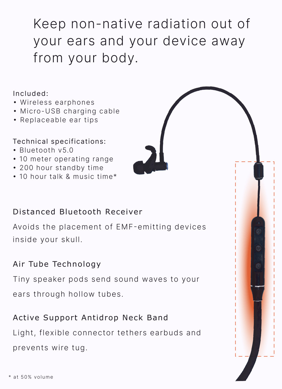 Wavtubes EMF Free Air Tube Bluetooth Neckband Headphones