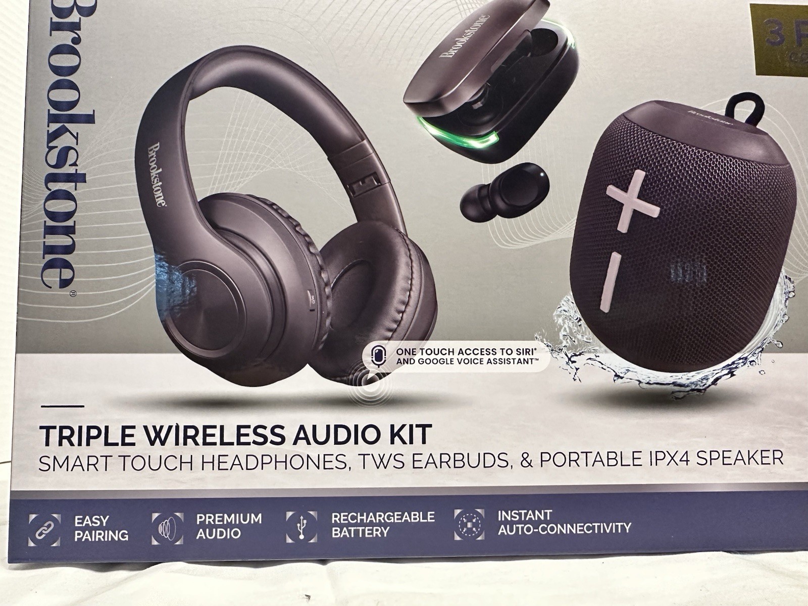 Brookstone 3 in 1 Wireless Audio Kit Headphones Earbuds Speaker IPX4