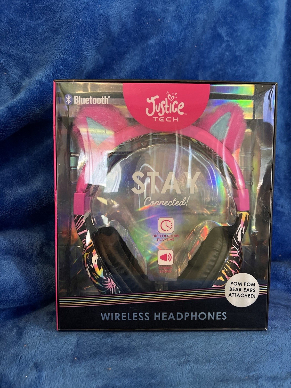 Justice Tech Bluetooth Wireless Headphones w/ Pom Pom Bear Ears, Pink, 40mm