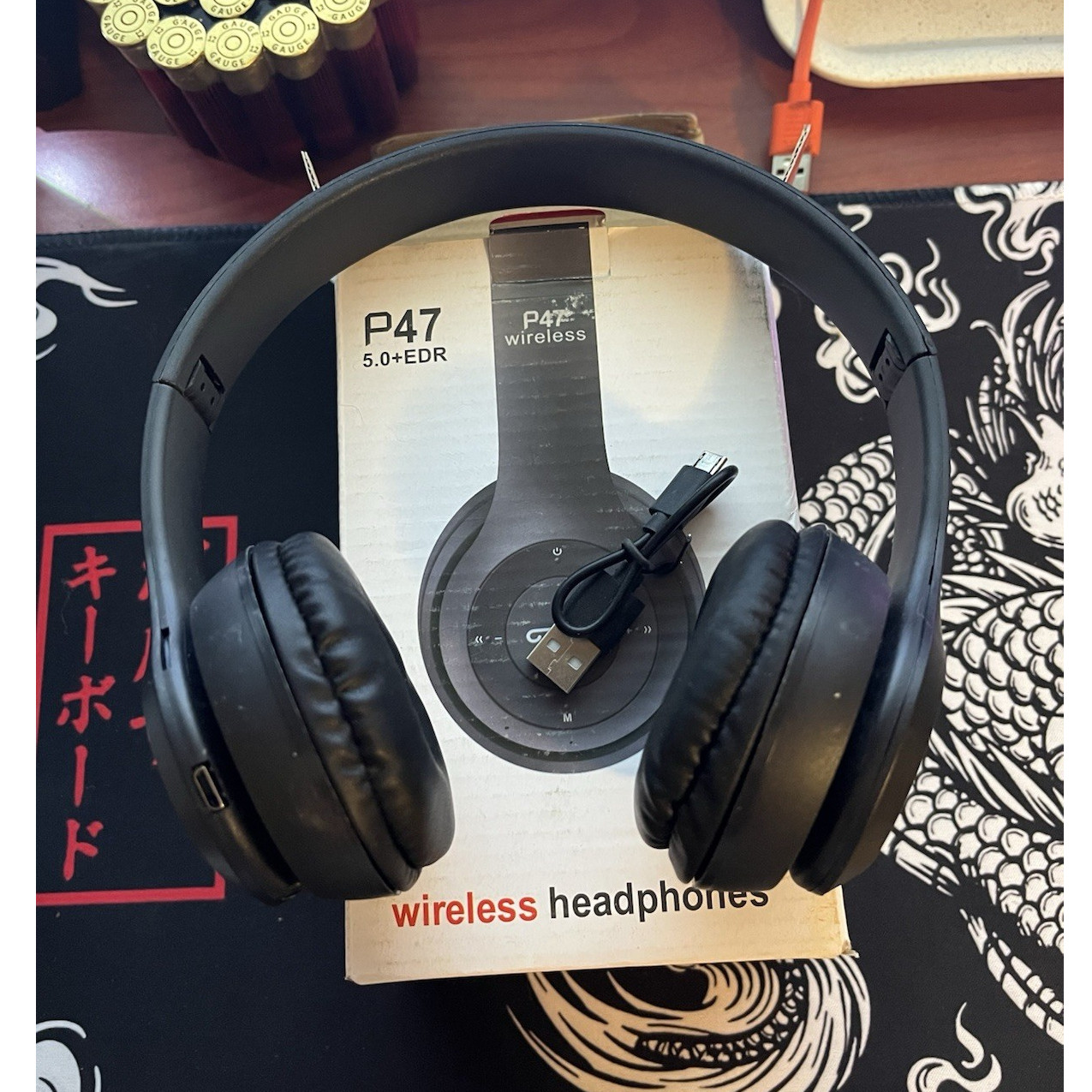 P47 Wireless Bluetooth Ear-Cup Over-Ear Headband Headphones, Black, Double