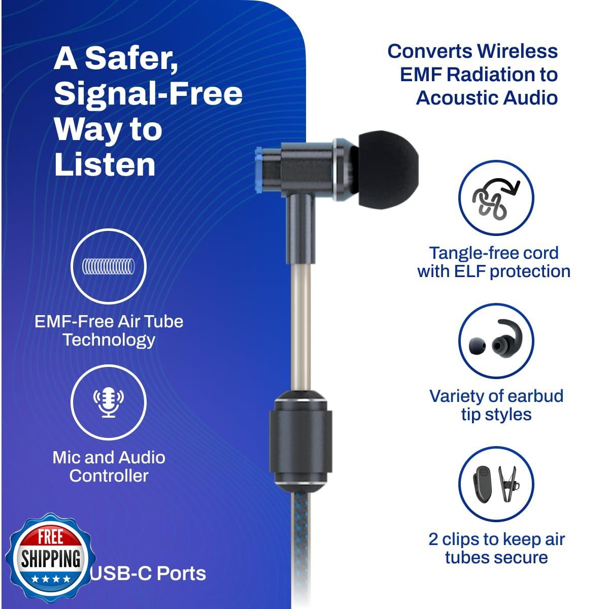 DefenderShield Air Tube Stereo Earbuds USB-C – Universal Acoustic Wired Headp