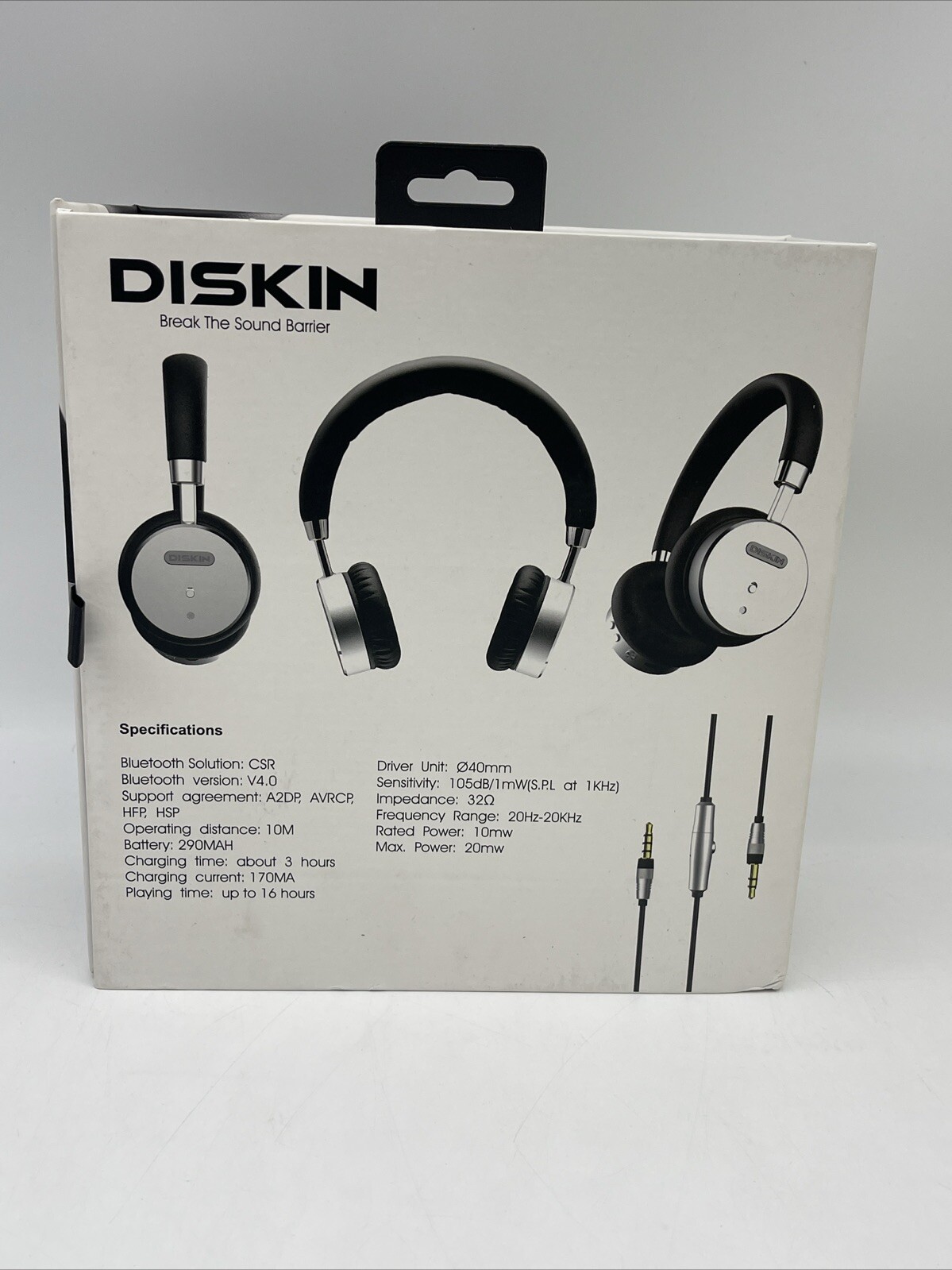 Diskin White Silver Wireless Bluetooth Volume Control On-Ear Headphones W Box