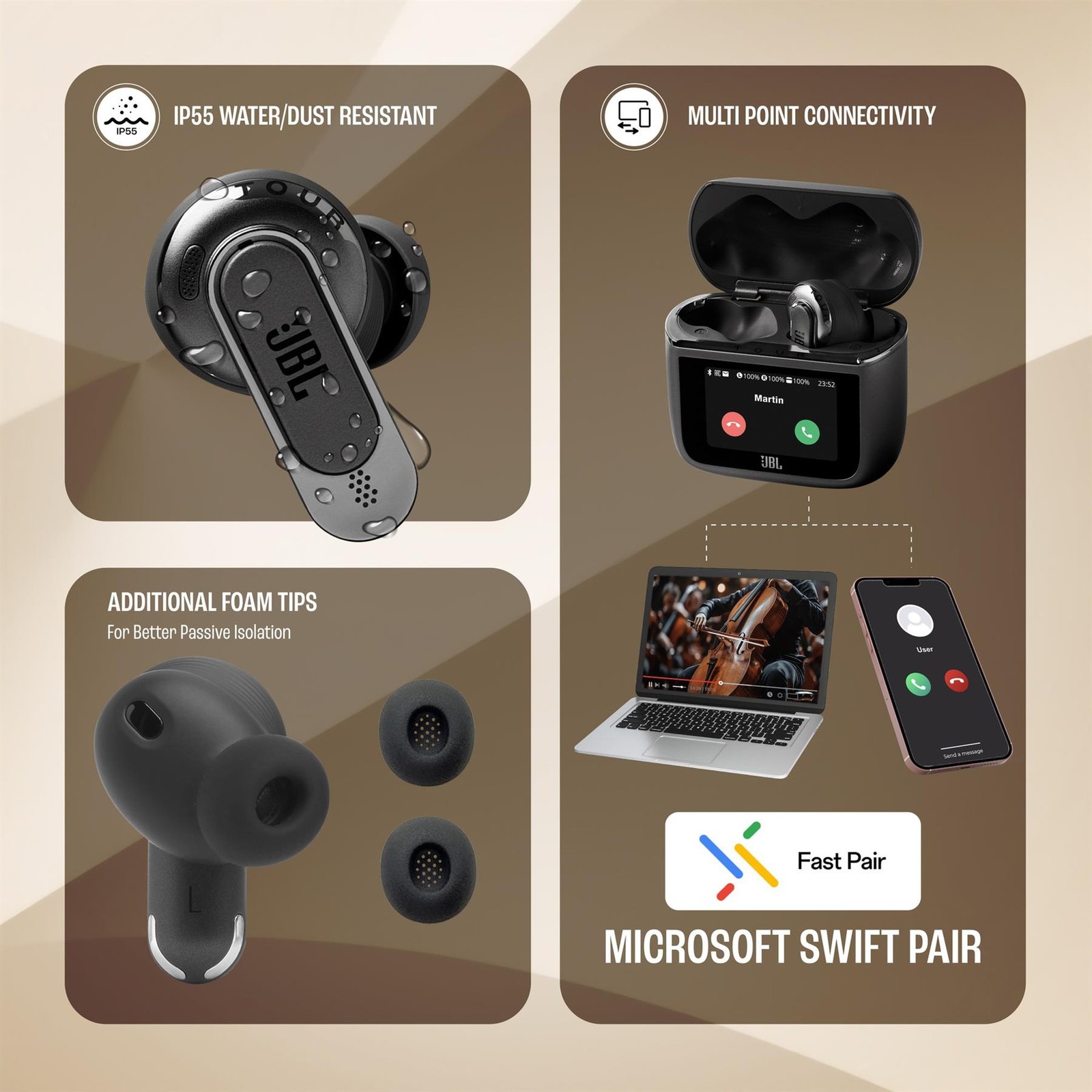JBL Tour Pro 3 Hi-Res Wireless ANC Earbuds Smart Touch Case Black Excellent