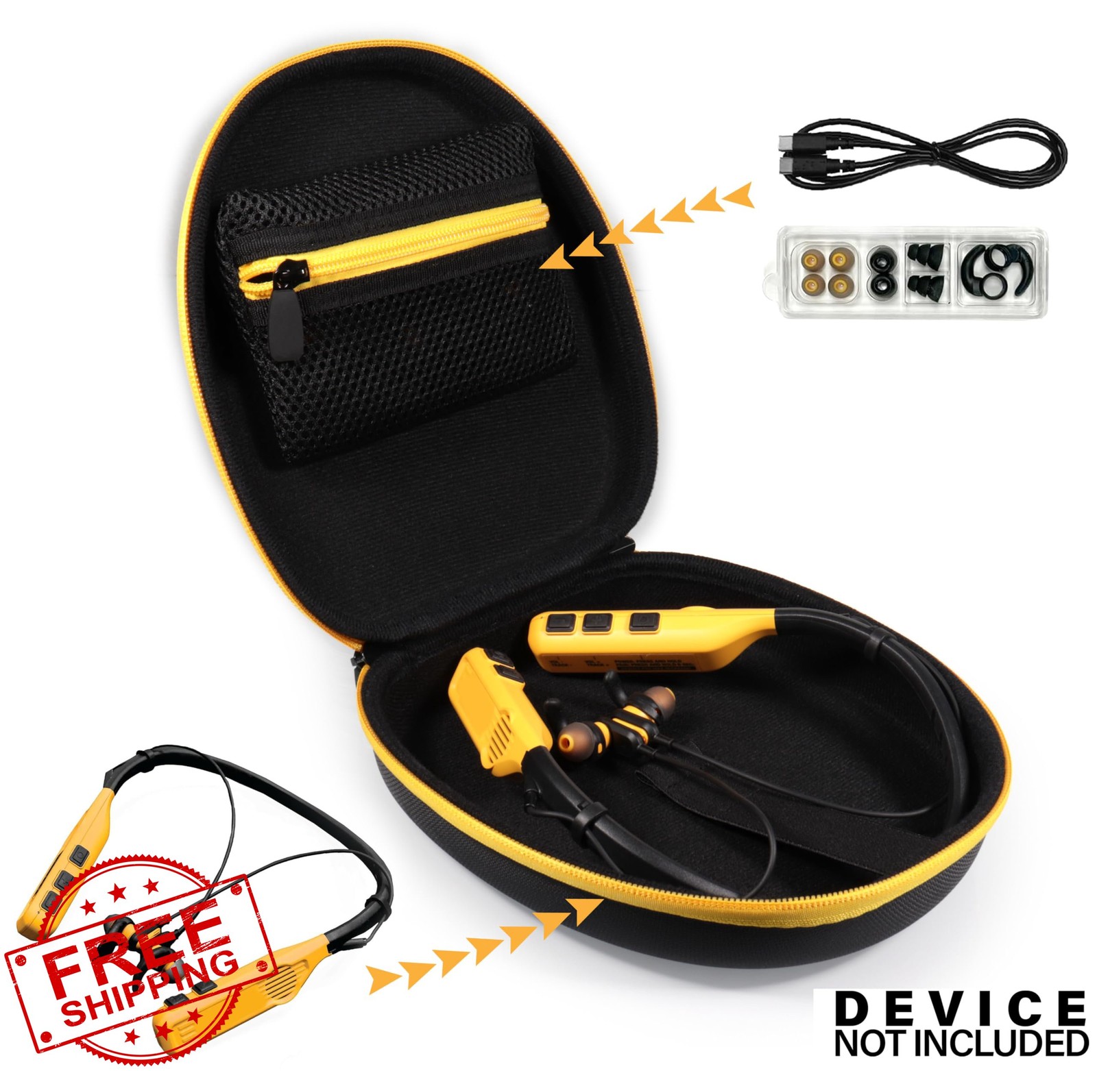 CaseSack Black Yellow Zip Case for DEWALT Neckband Headphones