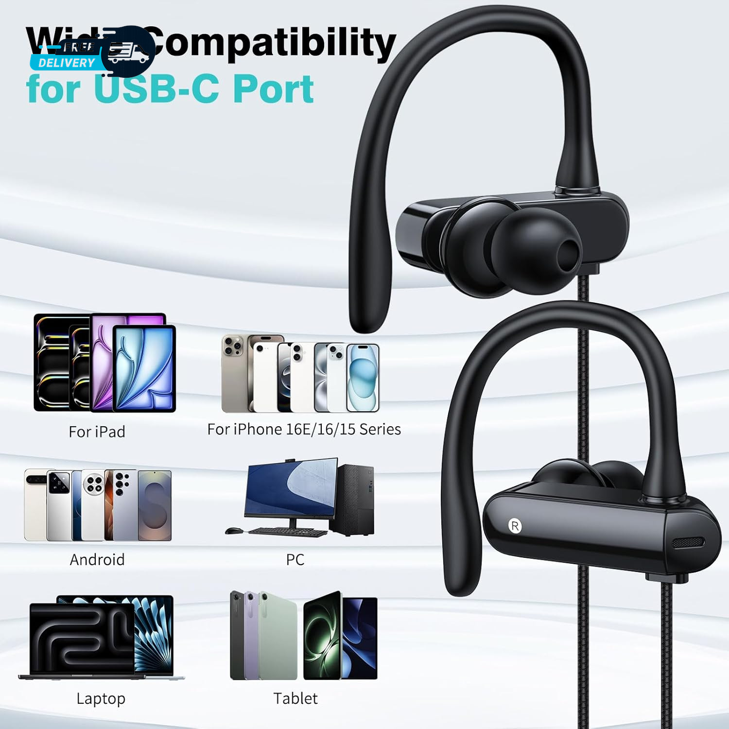 USB C Headphones over Ear Hook Sport Wired Earbuds Kids with Loop Mic Samsung