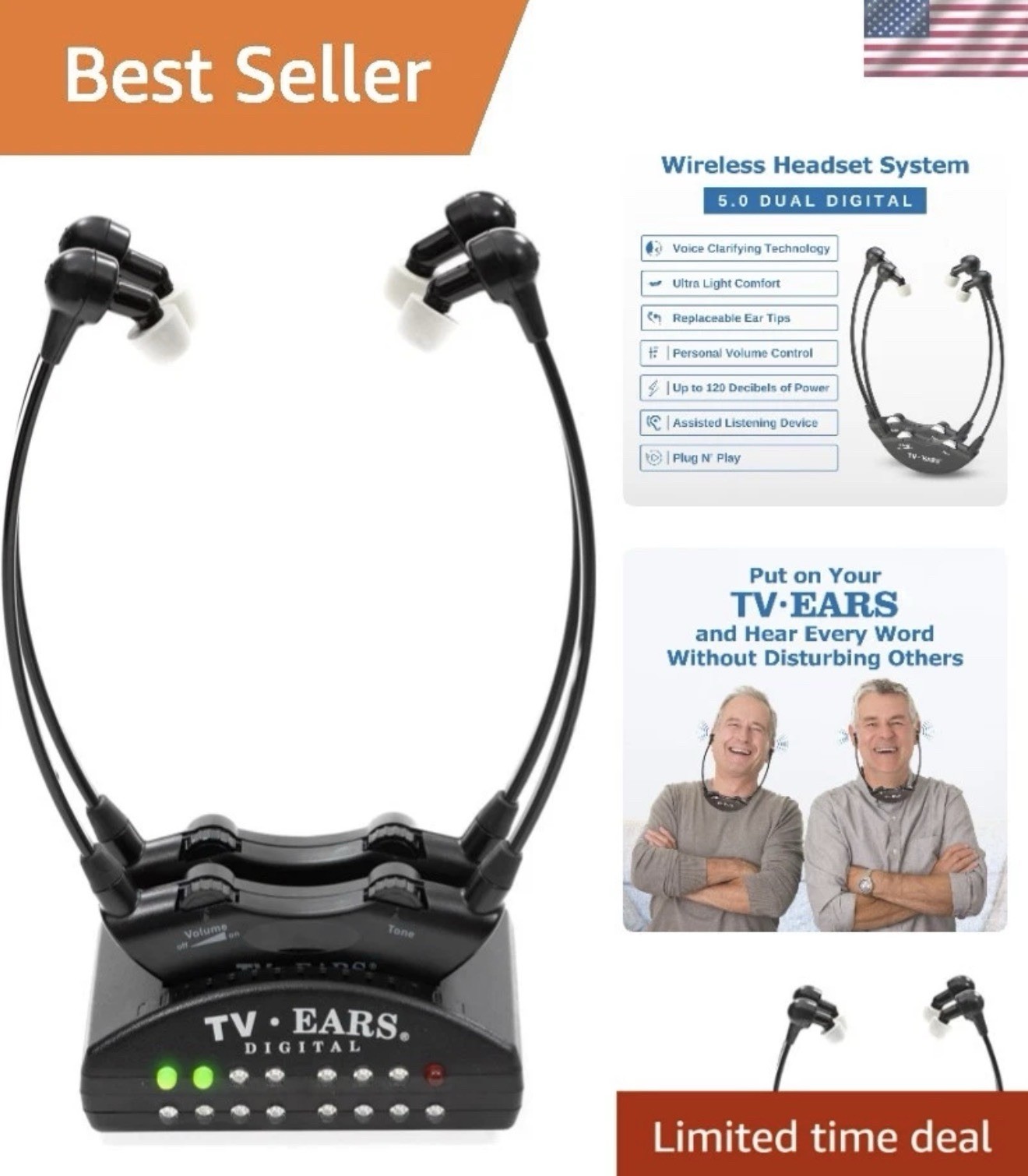 TV Ears 11841 Wireless Dual Digital Voice Clarifying Headphones Listening System