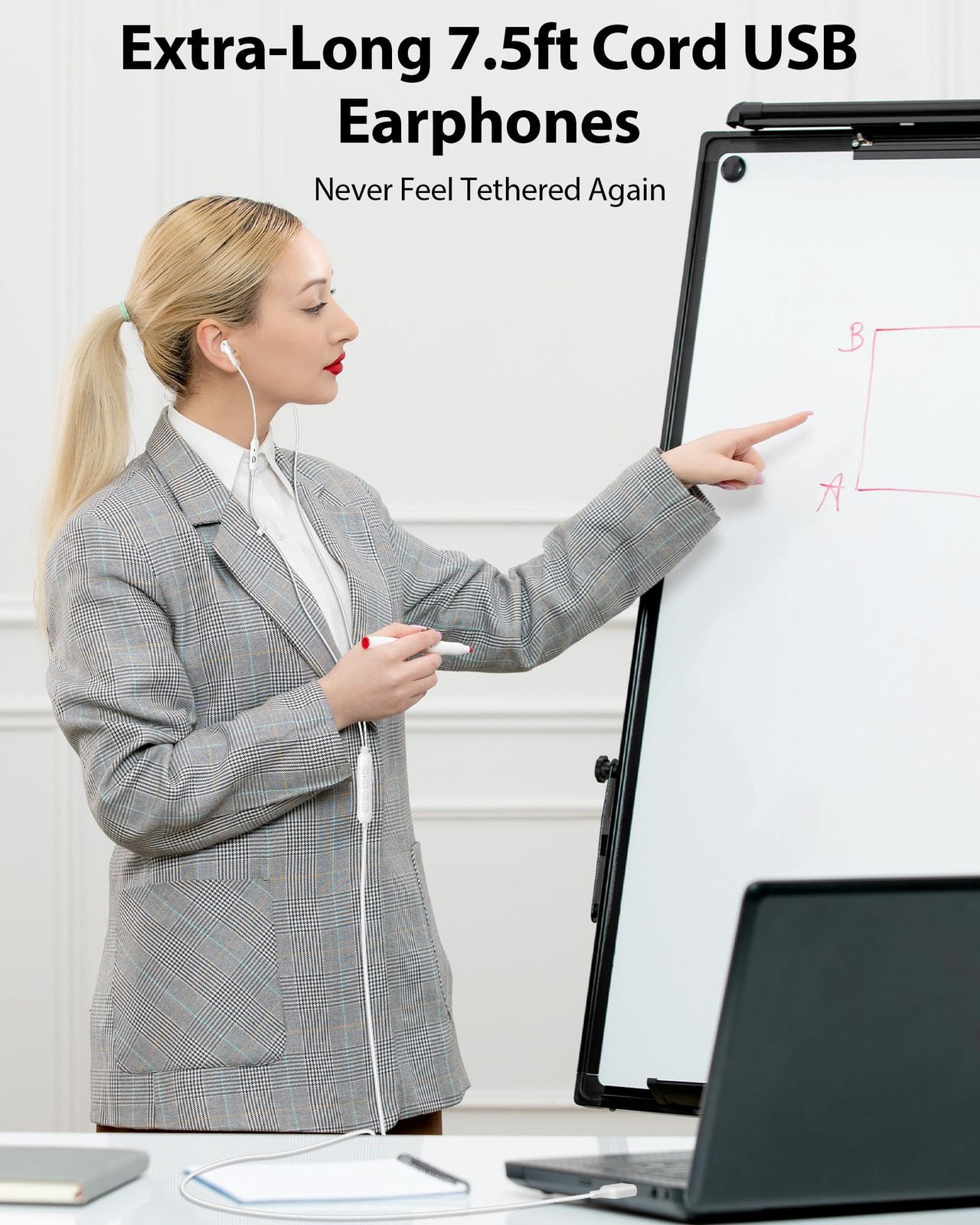 USB A Earbuds with Microphone Mute Button PC Laptop Headphones, 3 EQ White