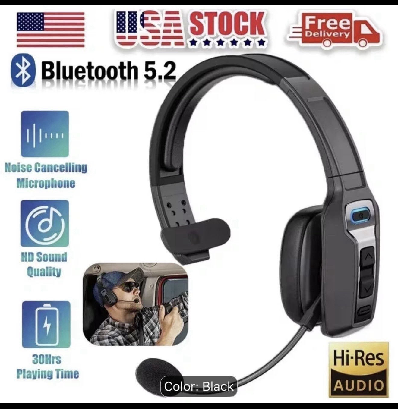 Bluetooth 5.2 On-Ear Single Headset Boom Mic Noise Canceling Black