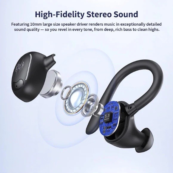 YYK-635 True Wireless Earbuds, Ear-hook, LED Display, Sports, Black