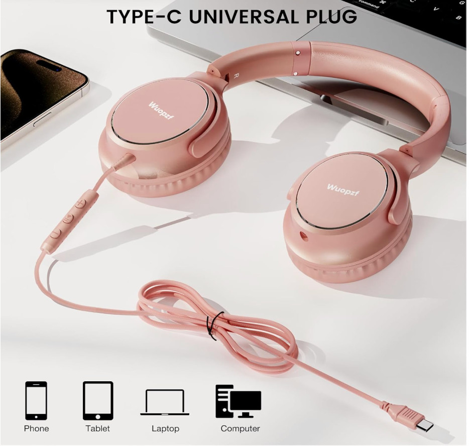 Wired Over-Ear USB-C Headphones with Microphone/Volume Control/Foldable/Adjustab