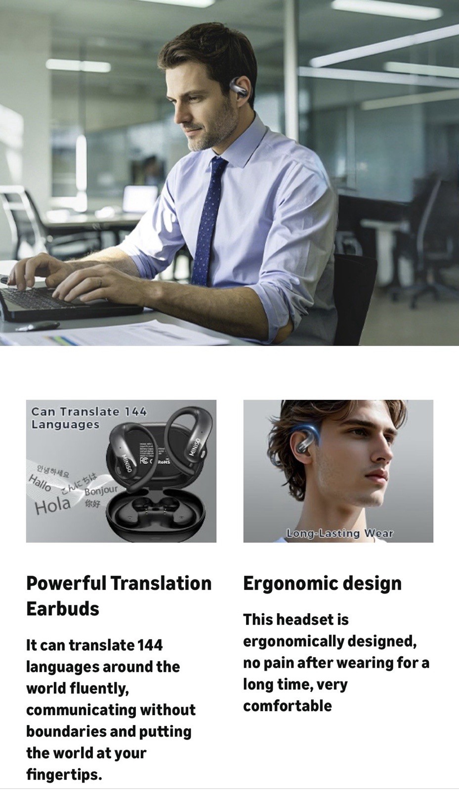 MINISO MS188 Wireless Earbud High Def Voice Open Ear AI 150 Language Translation