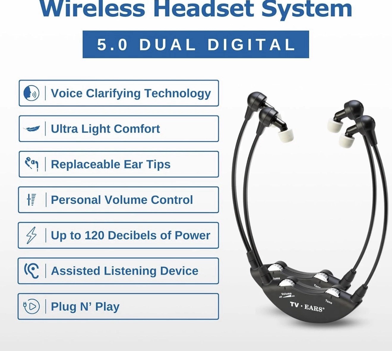 TV Ears 11841 Wireless Dual Digital Voice Clarifying Headphones Listening System
